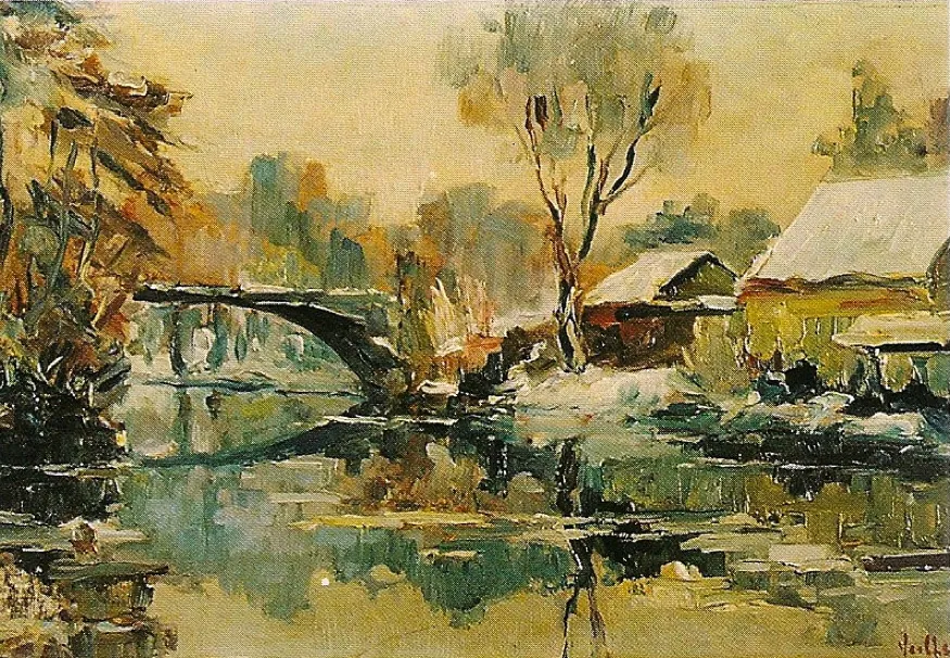 Neige à Poitiers, huile sur contre-plaqué — Alfred Veillet