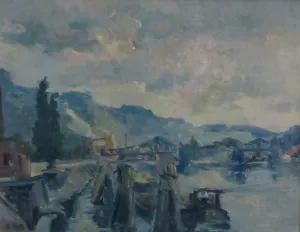 La Sambre en Belgique, huile sur bois — Alfred Veillet