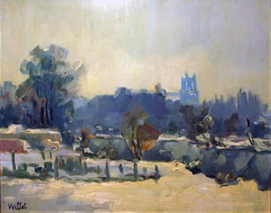 Mantes-la-Jolie sous la neige, huile sur panneau — Alfred Veillet