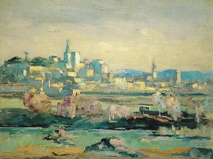 Printemps à Avignon, huile sur contre-plaqué — Alfred Veillet