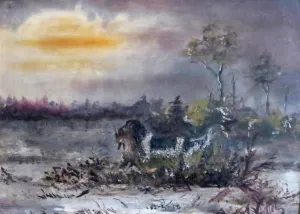 La chasse en hiver, huile sur contreplaqué — Alfred Veillet