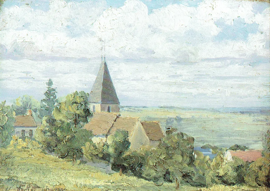 L’église de Goupillières, huile sur contreplaqué — Alfred Veillet