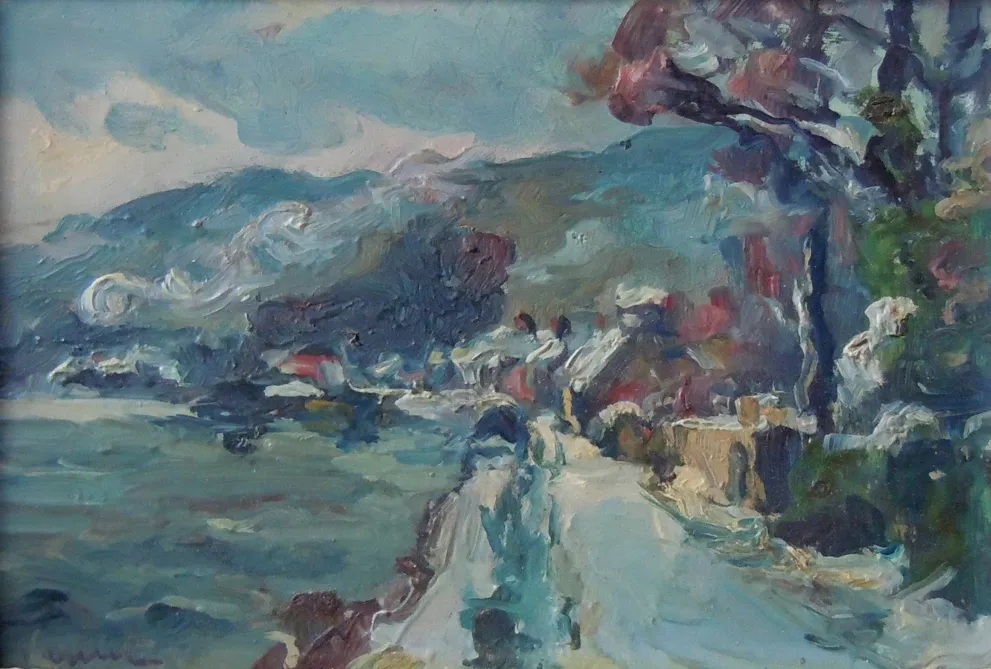 Paysage de neige à Rolleboise, huile sur carton — Alfred Veillet