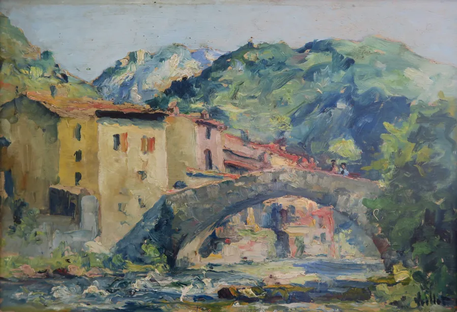 Le vieux pont d’Axat, huile sur bois — Alfred Veillet