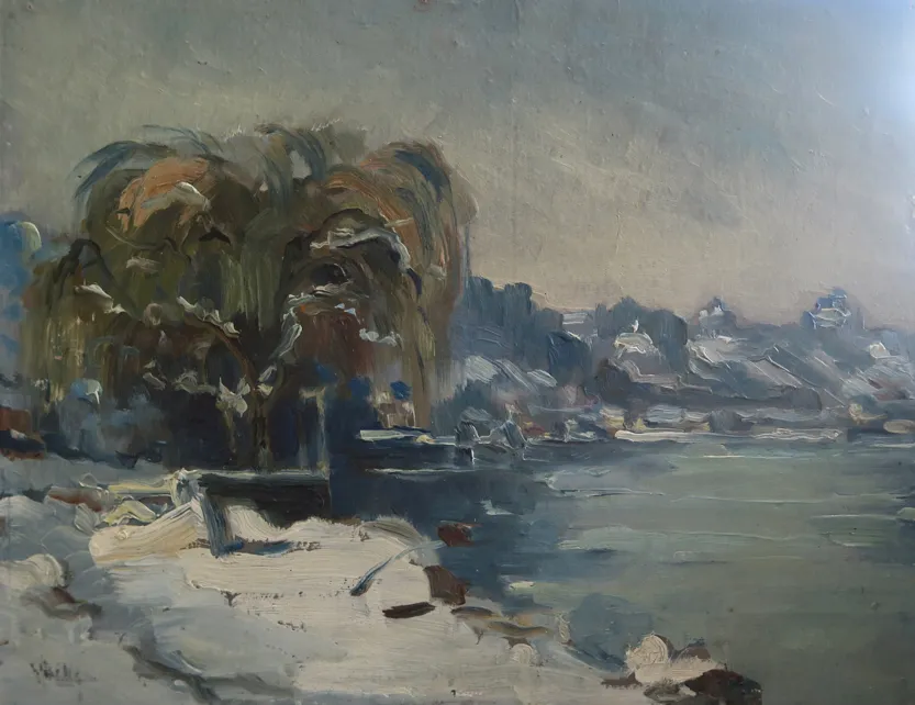 Neige à Rolleboise, huile sur contreplaqué — Alfred Veillet