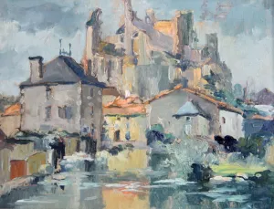 Le château des Évêques de Chauvigny, huile sur contreplaqué — Alfred Veillet