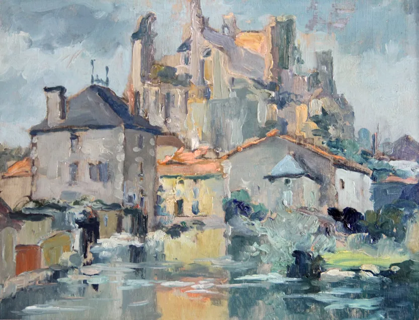 Le château des Évêques de Chauvigny, huile sur contreplaqué — Alfred Veillet